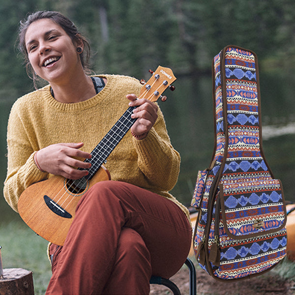 26" Tenor Bohemia Pattern Tribal Fabric Ukulele Gig Bag Backpack (BLUE MULTI COLORS)