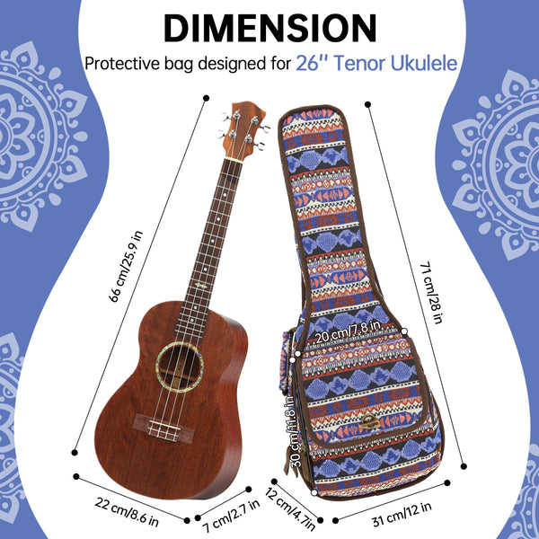 26" Tenor Bohemia Pattern Tribal Fabric Ukulele Gig Bag Backpack (BLUE MULTI COLORS)