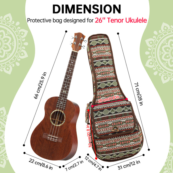 26" Tenor Bohemia Pattern Tribal Fabric Ukulele Gig Bag Backpack (GREEN MULTI COLORS)