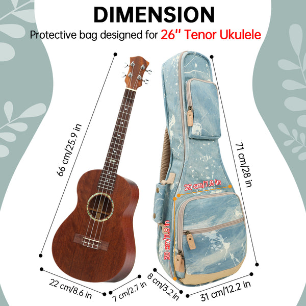26" Tenor Splash Paint Denim Custom Fit Stylish Ukulele Gig Bag Backpack (LIGHT BLUE)