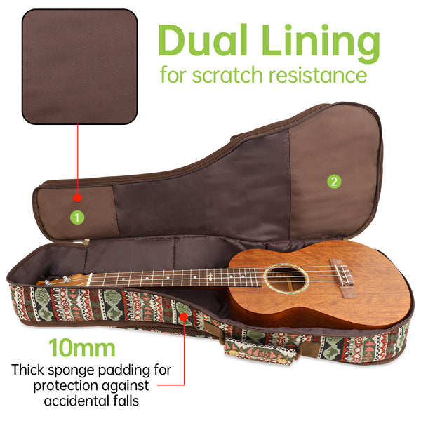 26" Tenor Bohemia Pattern Tribal Fabric Ukulele Gig Bag Backpack (GREEN MULTI COLORS)