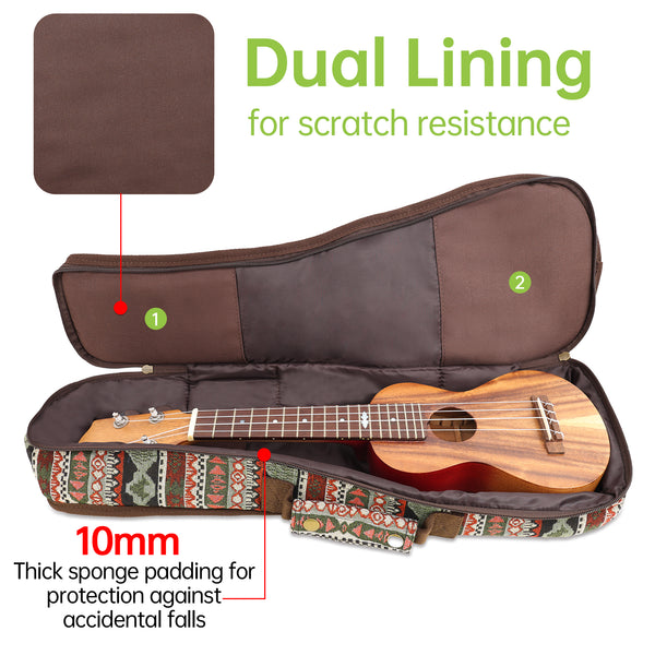 21" Soprano Bohemia Pattern Tribal Fabric Ukulele Gig Bag (GREEN MULTI COLORS)