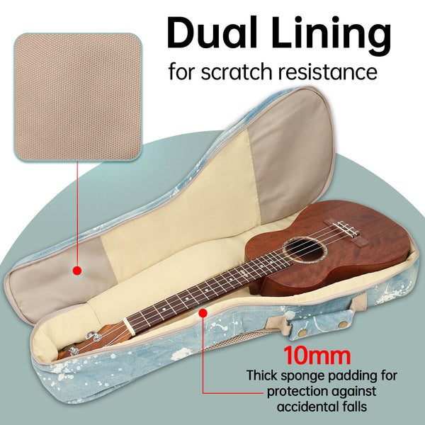 26" Tenor Splash Paint Denim Custom Fit Stylish Ukulele Gig Bag Backpack (LIGHT BLUE)