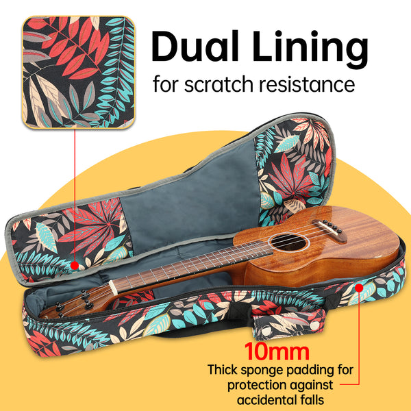 23" Concert Summer Tropical Leaves Print Ukulele Sling Gig Bag Backpack (RED MULTI COLORS)