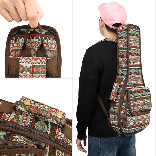 26" Tenor Bohemia Pattern Tribal Fabric Ukulele Gig Bag Backpack (GREEN MULTI COLORS)