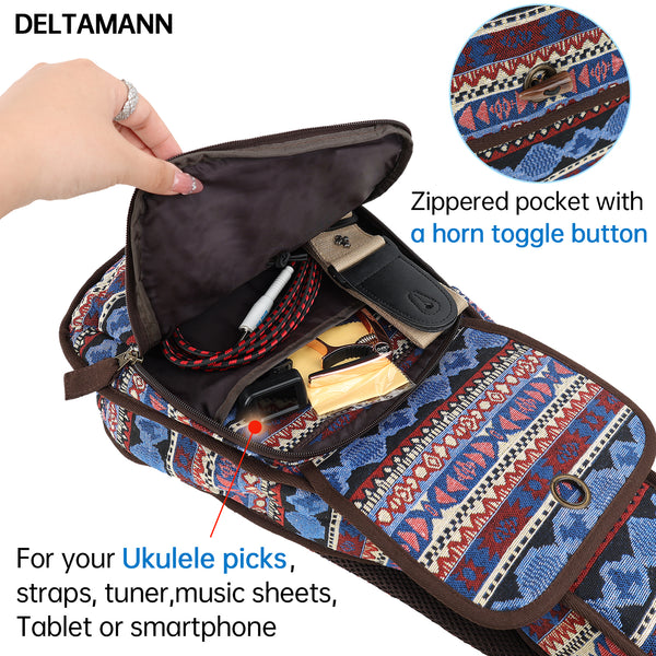 26" Tenor Bohemia Pattern Tribal Fabric Ukulele Gig Bag Backpack (BLUE MULTI COLORS)