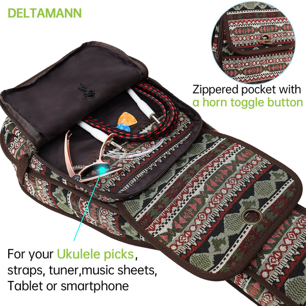 26" Tenor Bohemia Pattern Tribal Fabric Ukulele Gig Bag Backpack (GREEN MULTI COLORS)