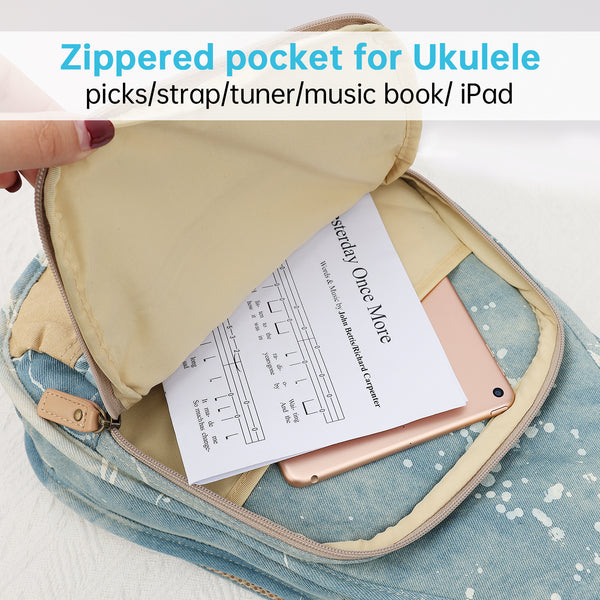 26" Tenor Splash Paint Denim Custom Fit Stylish Ukulele Gig Bag Backpack (LIGHT BLUE)