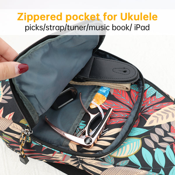 23" Concert Summer Tropical Leaves Print Ukulele Sling Gig Bag Backpack (RED MULTI COLORS)
