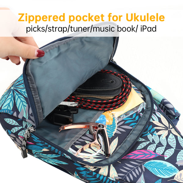 23" Concert Summer Tropical Leaves Ukulele Sling Gig Bag Backpack (BLUE MULTI COLORS)