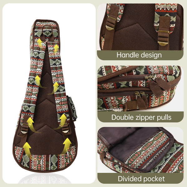 26" Tenor Bohemia Pattern Tribal Fabric Ukulele Gig Bag Backpack (GREEN MULTI COLORS)
