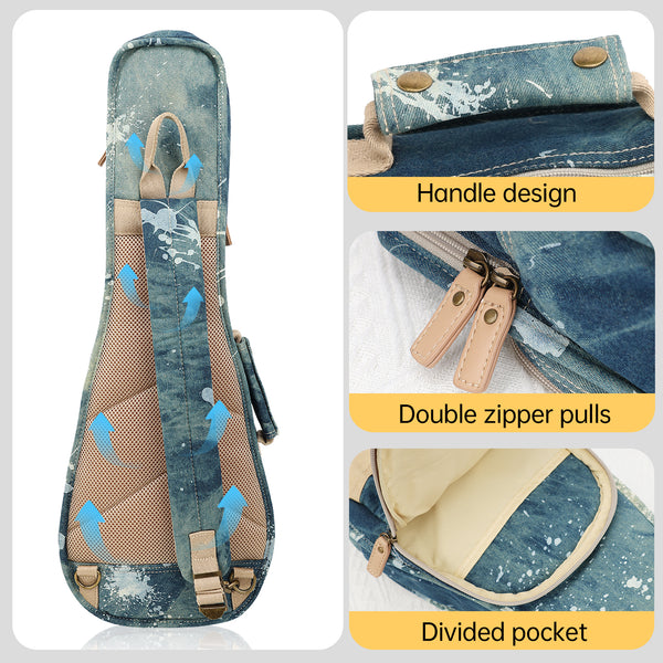 23" Concert Splash Paint Denim Custom Fit Stylish Ukulele Gig Bag (LIGHT BLUE)